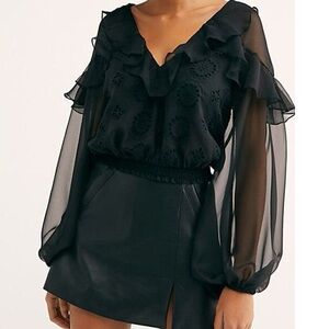 Free People Life’s a Party Black Long Sleeve Sheer Size Medium Boho Ruffles